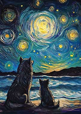 Dogs under Starry Night Sky Painting