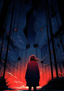 Girl in Forest with Wolves