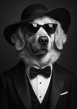 Dapper Golden Retriever Dog in Tuxedo and Hat