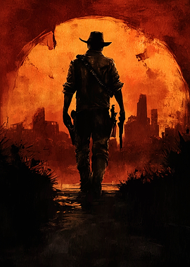 Western Cowboy Silhouette Against Orange Sky