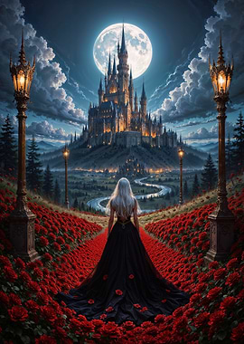 Woman in Black Dress to Castle