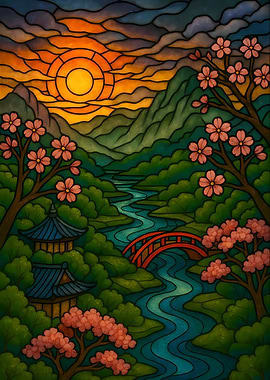 Japanese Landscape Stained Glass Style Art