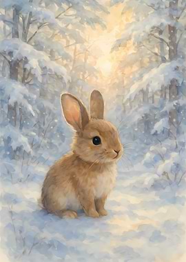 Watercolor Rabbit in Winter Forest