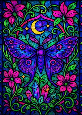 Neon Fantasy Stained Glass Moth with Moon