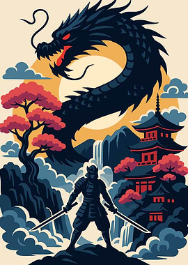 Samurai and Dragon Japanese Art