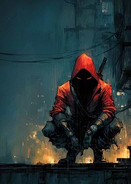 Red Hooded Figure in Urban Setting