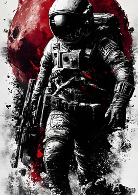 Astronaut with Rifle and Red Moon