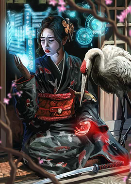 Cyberpunk Empress Geisha with Crane and Tech