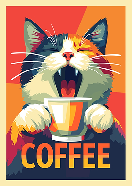 Cat Yawning with Coffee Cup