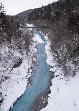 Winter River Landscape with Bridge