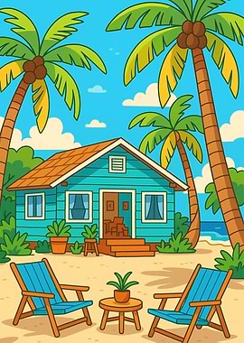 Tropical Beach House Cartoon Illustration