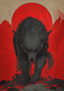 Wolf with Red Eyes and Moon