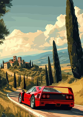 Red Ferrari in Tuscany Landscape