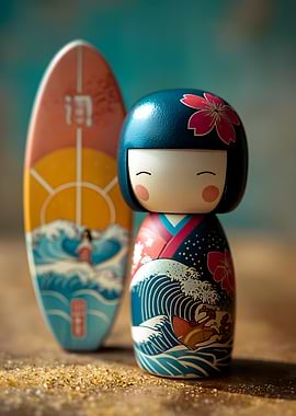 Kokeshi Doll with Surfboard