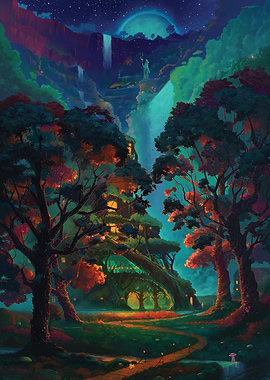 Enchanted Tree House and Waterfall Fairy Tale Landscape