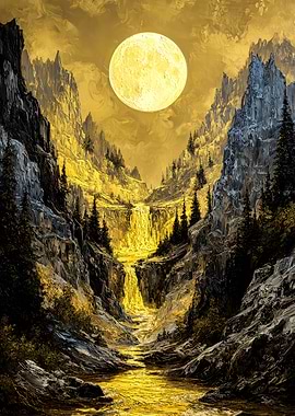 Golden Moonlit Mountain Waterfall Landscape