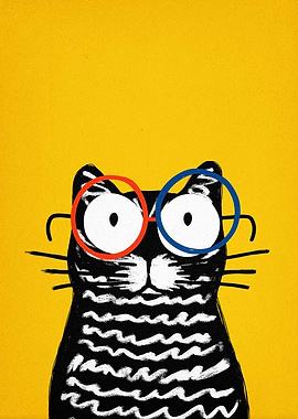 Cat with Glasses on Yellow Background