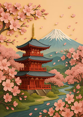 Japanese Pagoda with Cherry Blossoms