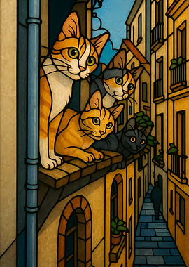 Cats in a European Cityscape Stained glass