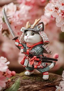Samurai Cat with Sword in Cherry Blossoms