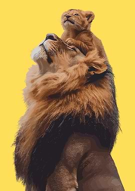 Lion and Cub on Yellow Background