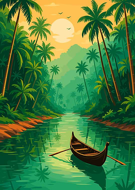 Tropical River Scene with Boat