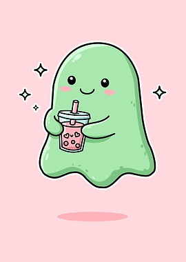 Cute Ghost Drinking Bubble Tea