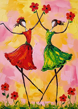 Dancing Figures with Flowers Painting