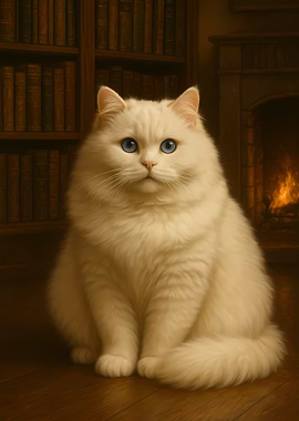 Elegant White Cat by Fireplace