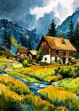 Watercolor Landscape with Houses and Rain
