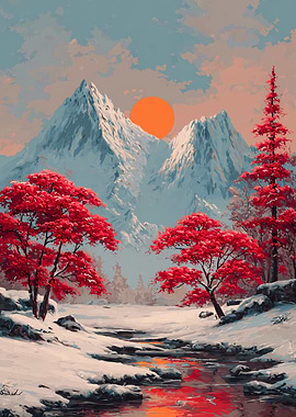 Winter Landscape with Red Trees