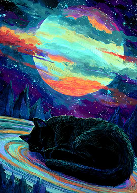 Sleeping Cat Beneath Cosmic Sky