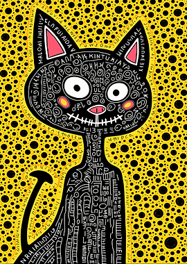Abstract Black Cat on Yellow Background