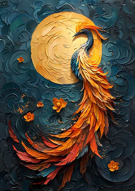 Phoenix and Moon Impasto Painting