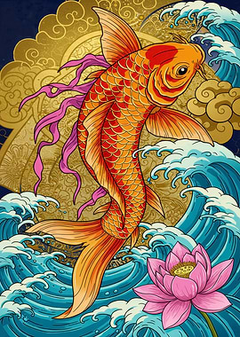 Koi Fish with Lotus and Waves