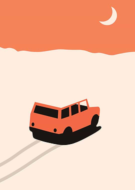 Orange Car Minimalist Landscape Illustration
