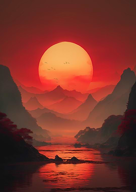 Red Sunset Mountain River Landscape
