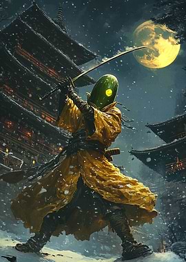 Cucumber Samurai in Snowy Landscape