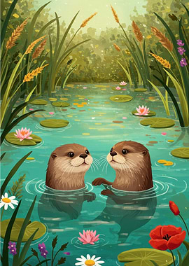 Two Otters in a Pond
