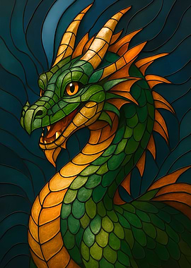 Green and Gold Dragon Illustration Stained Glass
