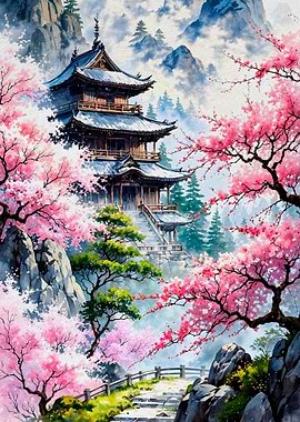 Japanese Temple with Cherry Blossoms