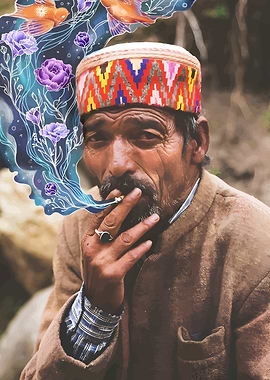 Man smoking with floral smoke