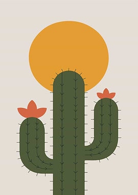 Minimalist Cactus with Sun and Flowers