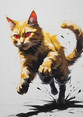 Leaping Ginger Cat with Red Eyes