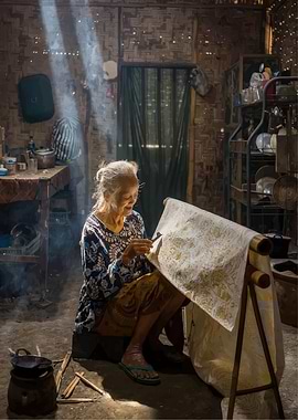 Elderly woman creating batik art