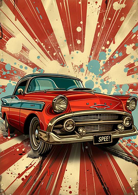 Vintage Red Car with Radial Background