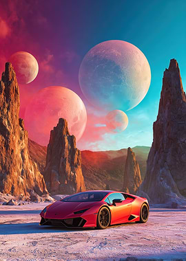 Red Lamborghini on Alien Planet