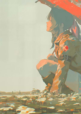 Anime Girl with Umbrella in Field