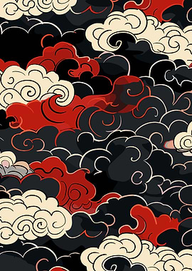 Stylized Clouds Pattern in Red, Black, White