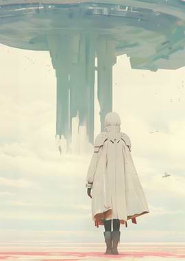 Futuristic Cityscape with Cloaked Figure